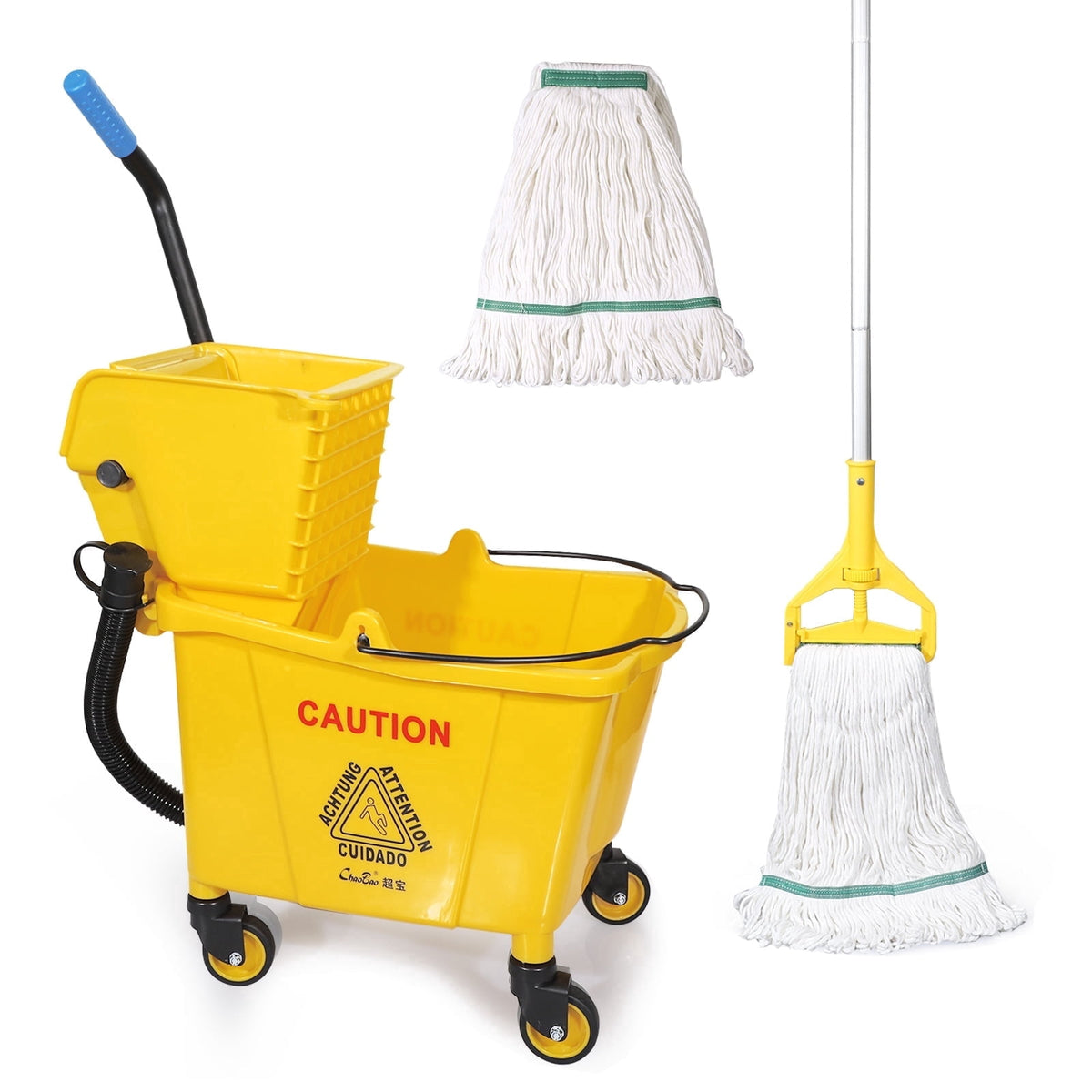35-Qt Commercial Mop Bucket with Side Press Wringer Floor Cleaning Rectangular Mop Bucket on Wheels, Yellow, Including Mop and Mop Head Replacement