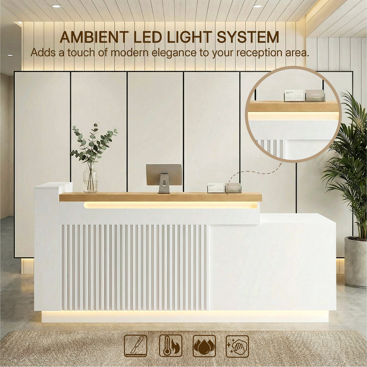 63" White L-Shaped Reception Desk with Left Counter, Modern Front Desk with Built-in Power Outlets, Locking Drawers & LED Lights for Office, Salon & Retail