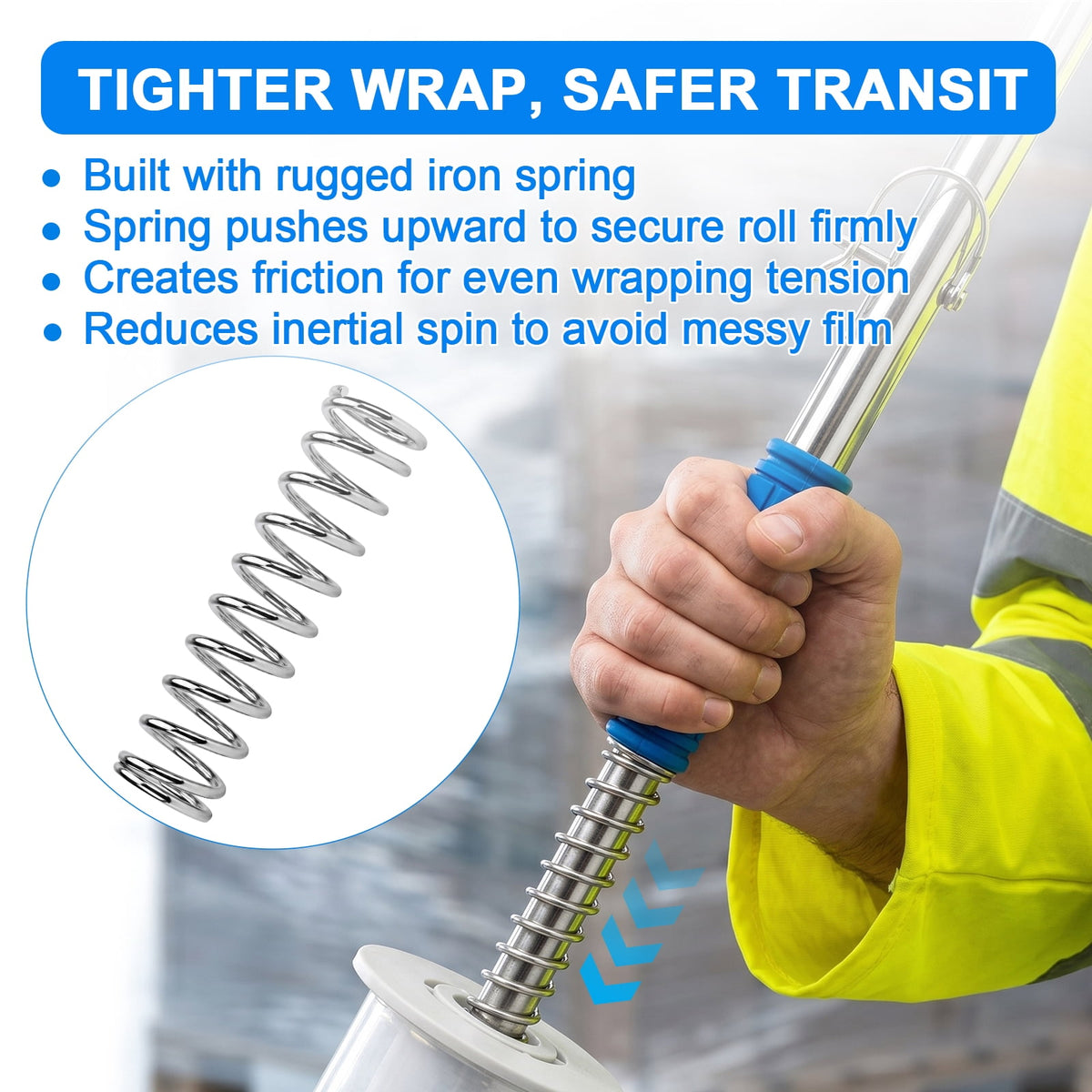 Gamexcel Stretch Wrap Dispenser with 50 in Long Handle, Pallet Wrap Film Holder for 6-20 in Rolls and 2-3 in Cores, No-Bend Stretch Film Pole, Blue