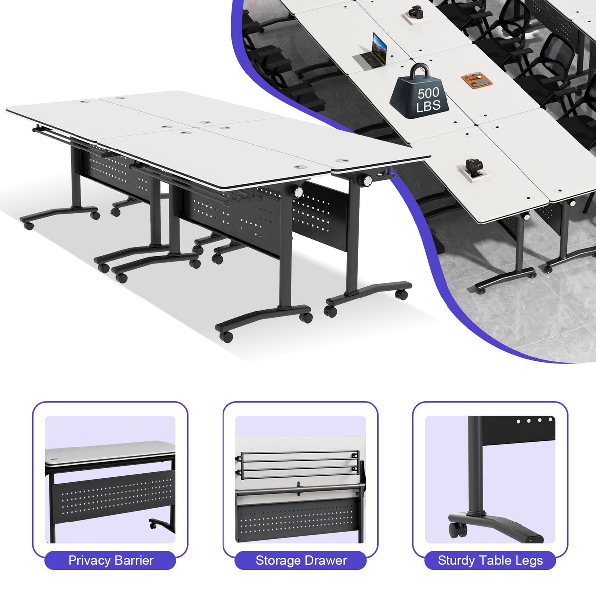 Lrxmastery Folding Conference Table, Commercial Training Desk with Lockable Casters, Sturdy Steel Frame for Classroom & Meeting Room, 4Pack