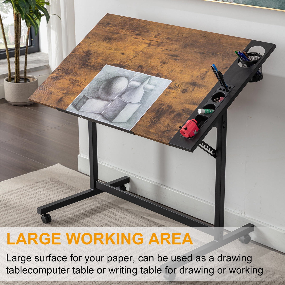 VECELO Drafting Table with Wheels, Adjustable Drawing Table Tiltable Painting Desk Workstation with Pencil Ledge for Artists, Brown
