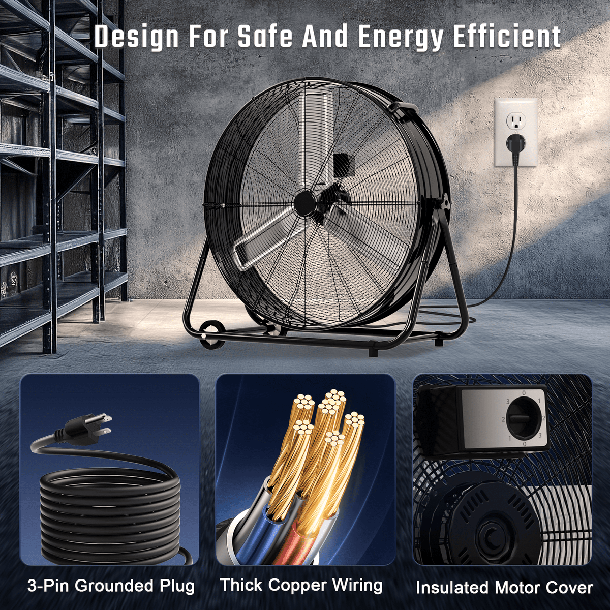 Rocyis 30 Inch Industrial High Velocity Drum Fan - 3 Speed 13000 CFM Air Circulation High Velocity Fan for Factory, Warehouse, and Commercial (Black)
