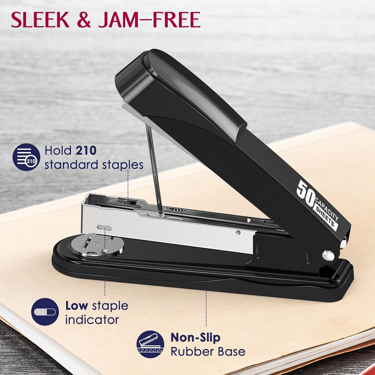 BAODELI Heavy Duty Metal Stapler, 50-Sheet Capacity, Includes Staples & Remover, Black, Full Strip for Office Desk