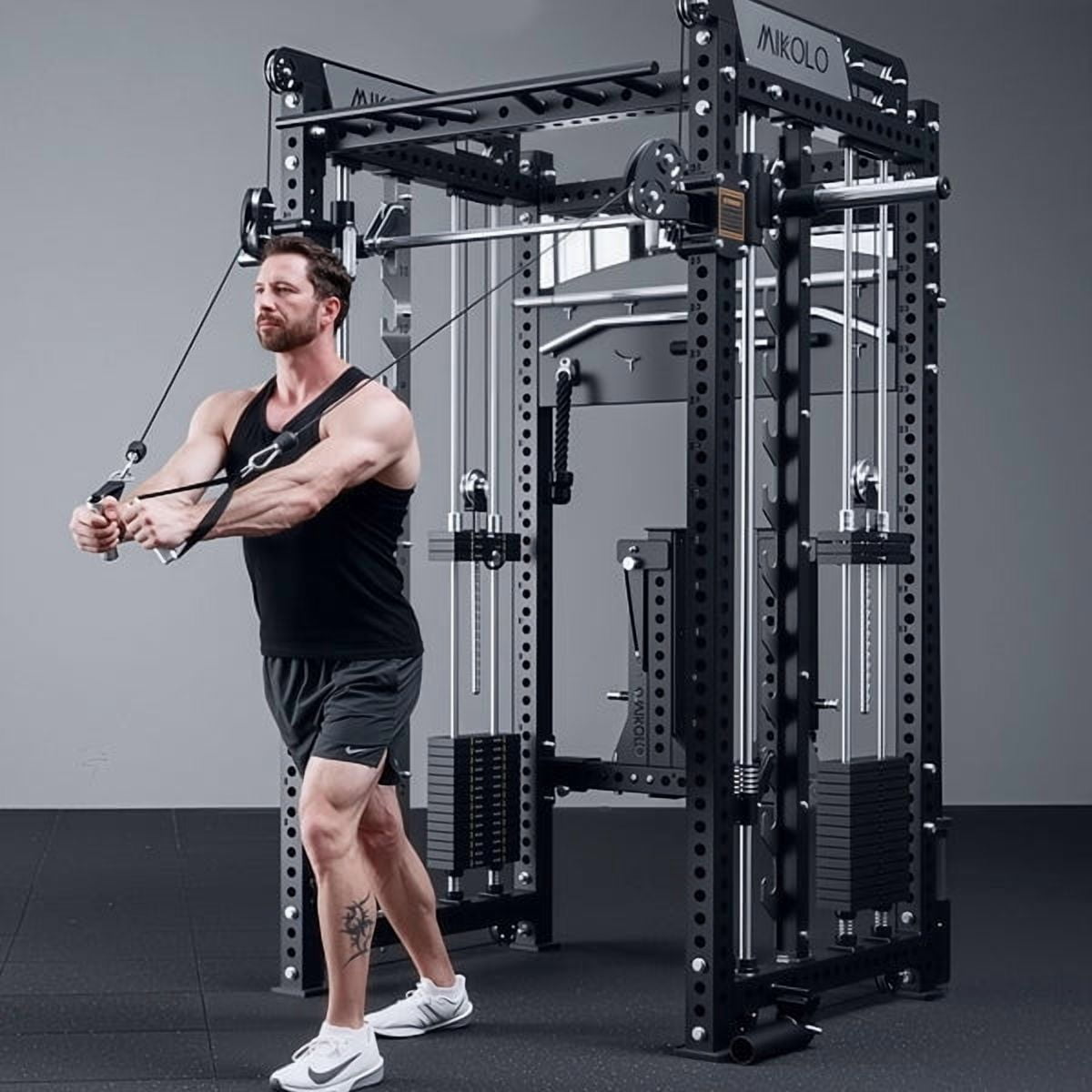 Mikolo Anubis-2.0 Smith Machine with Weight Stack, 3“×3” All-in-One Power Cage with LAT Pulldown & Cable Crossover, 3200LBS Multi-Function Trainer with Aluminum Pulley System for Fitness Home Gym