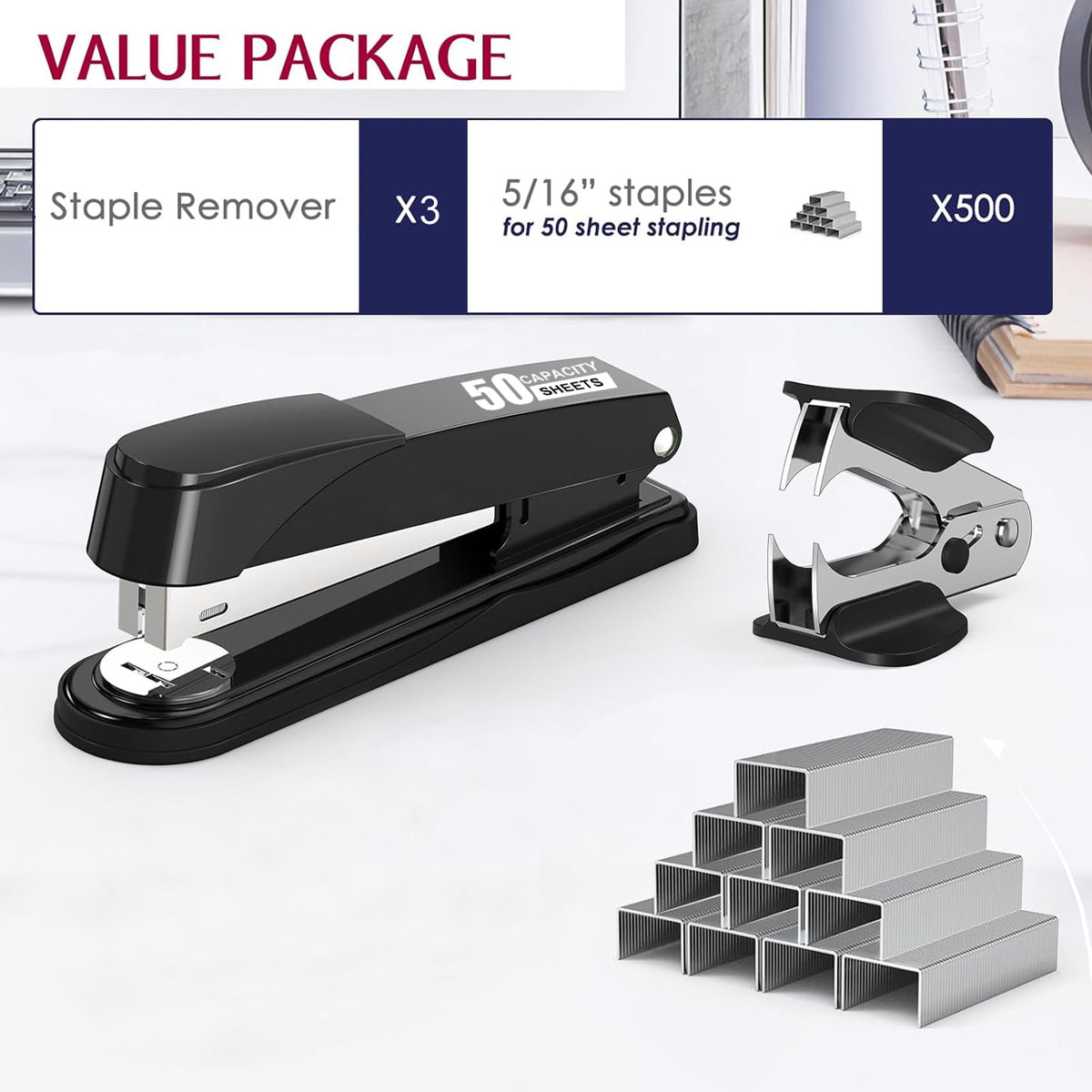 BAODELI Heavy Duty Metal Stapler, 50-Sheet Capacity, Includes Staples & Remover, Black, Full Strip for Office Desk