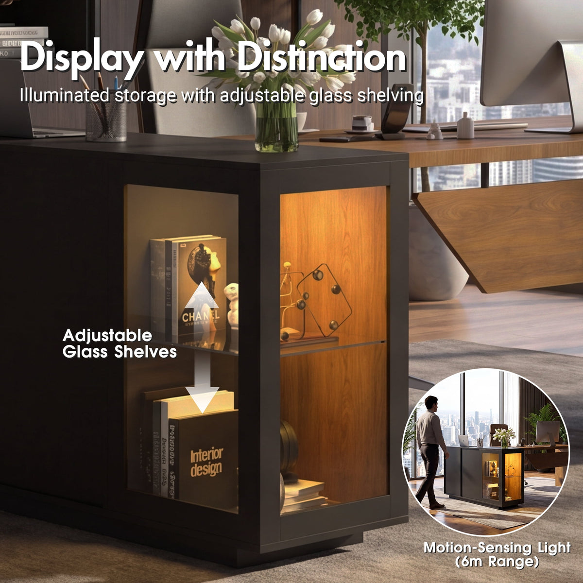 Advwin Modern 74.4" L-Shaped Executive Desk with Display Cabinet & Power Outlet, Large Luxury Office Desk Corner Workstation with File Drawer & LED Light, Black+Brown