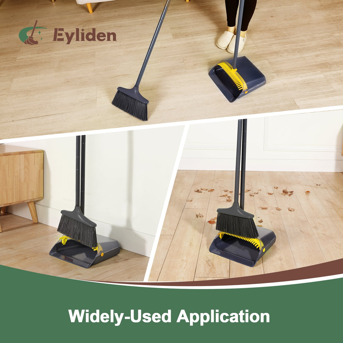 Eyliden Thicker Broom and Dustpan Set for Home with 54in Long Handle and Teeth Brush, Grey