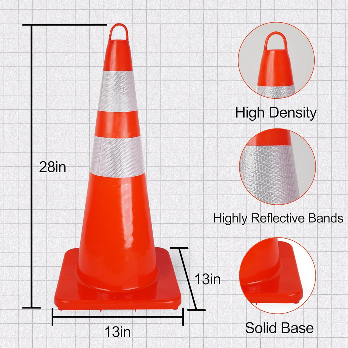 12 Pack Traffic Cones 28 Inch Safety Cones with Reflective Collar, Orange Cones with Weighted Base and Hand-Held Ring Used for Traffic Control, Parking Lot, Driving Training.