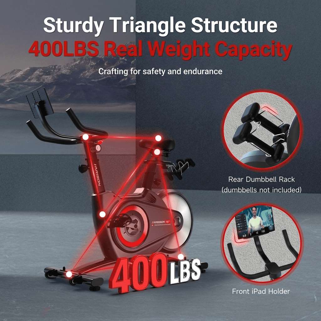 HARISON Semi-Commercial Magnetic Exercise Bike with 400LBS Capacity, Indoor Cycling Bike with Bluetooth, Tablet Holder & Dumbbell Rack for Home Gym