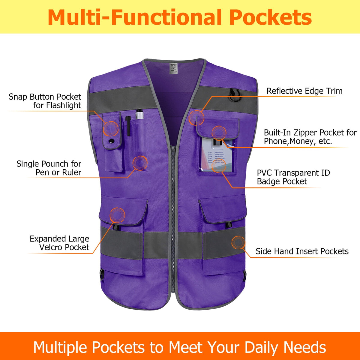 TCCFCCT Reflective Vest 9 Pockets High Visibility Safety Vest for Men Women, Hi Vis Construction Work Vest with Reinforced Sewing, Durable to Use, Meets ANSI/ISEA Standards, (Purple, XX-Large)