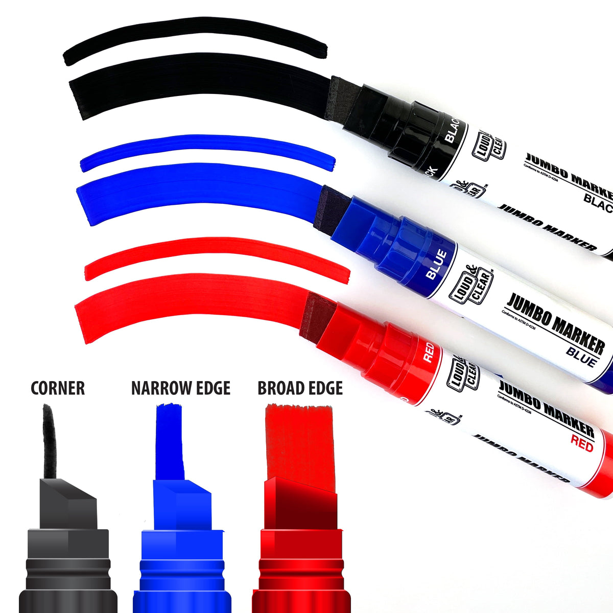 Loud & Clear -Jumbo Permanent Markers - Extra Wide Chisel Tip Marker 3pc Multi-pack, (Black, Red, Blue)