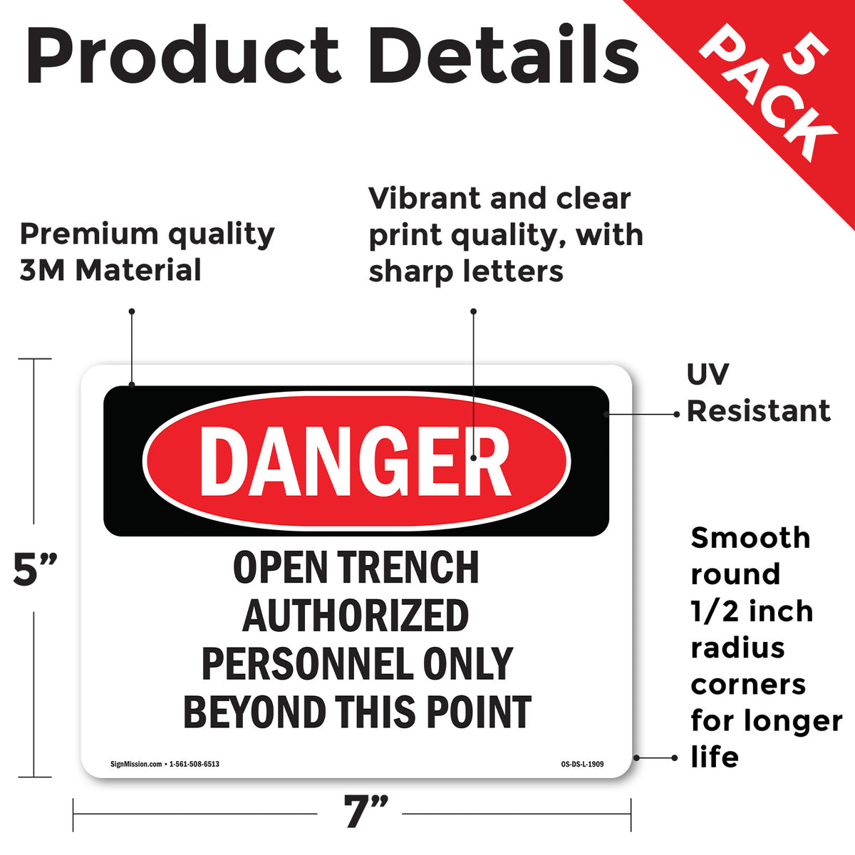 Open Trench Authorized Personnel Only OSHA Danger Vinyl Decal Label 7 Inch x 5 Inch - 5 Pack