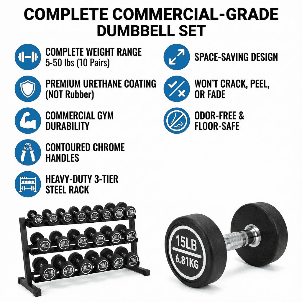 Urethane Dumbbell Set with Rack, 5-50 LB, 10 Pair of Commercial Grade Rubber Encased Dumbbells Set for Home Gym & Commercial Fitness, Durable Strength Training Weights with Storage Rack