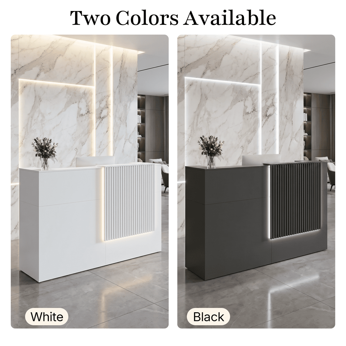 63" Modern Reception Desk with Wooden Grille Front Design, Built-in Power Outlets and Lockable Drawers for Salon, Office, Lobby or Retail Store, Black