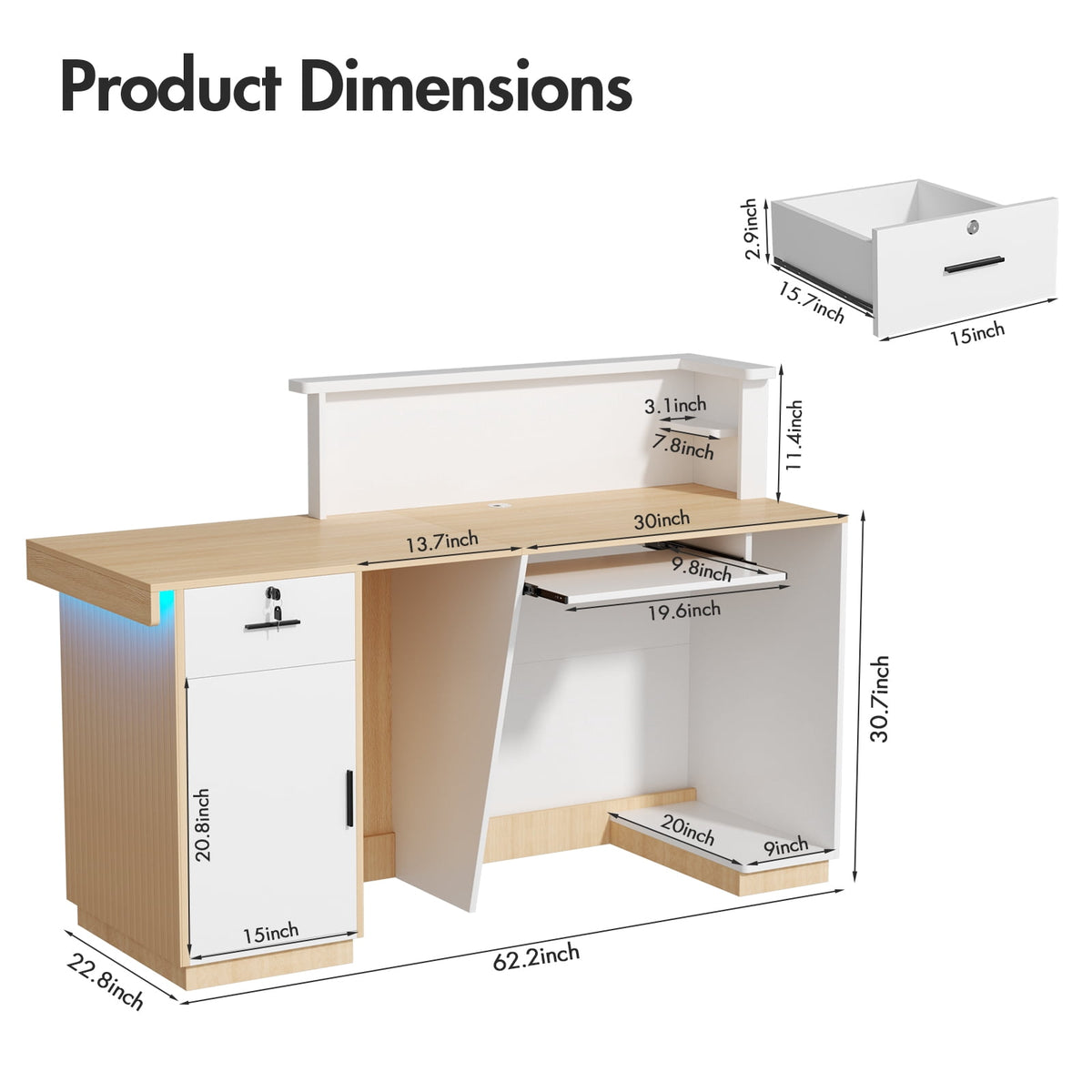 Advwin Modern Reception Desk with LED Light, 63" Fluted Front Desk with Lockable Drawer, Cabinet & Sliding Tray, Large Reception Counter Table for Office Lobby Nail Salon Clinic, White+Light Wood