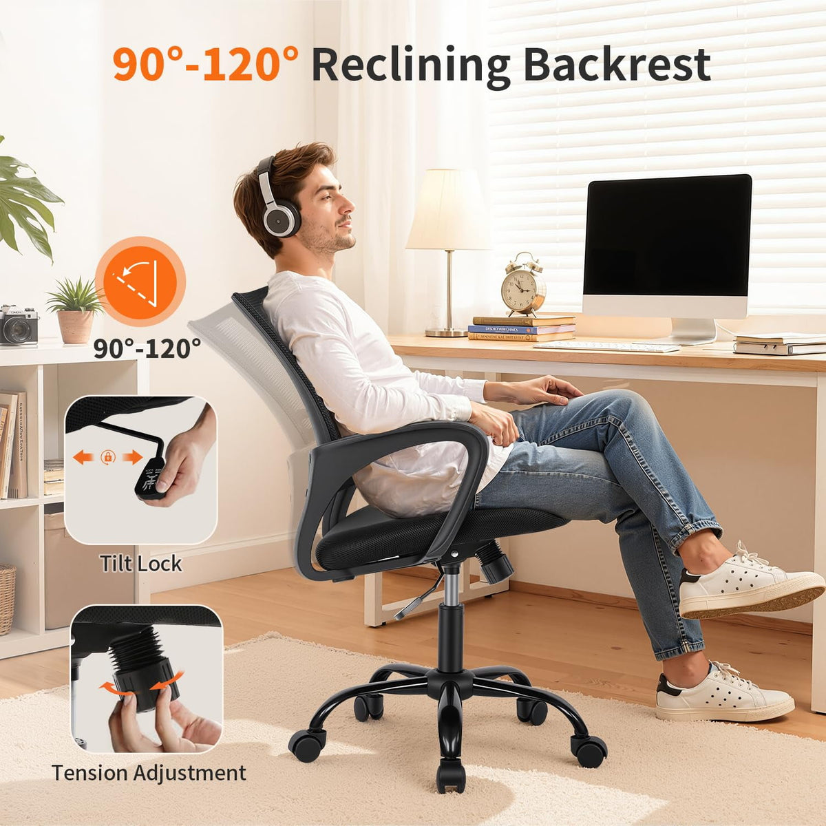 BestOffice Ergonomic Home Office Chair, Adjustable Lumbar Support and Height, with Arms, Black
