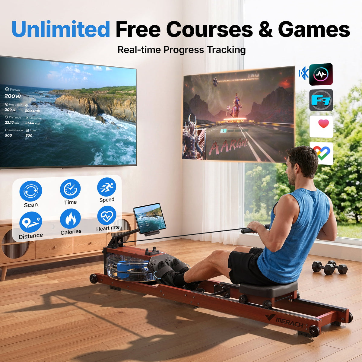 MERACH Water Rowing Machines for Home, Foldable Row Machine with 400LBS Weight Capacity, Dedicated Monitor and Comfortable Seat, Free MERACH App for Immersive Water Rower