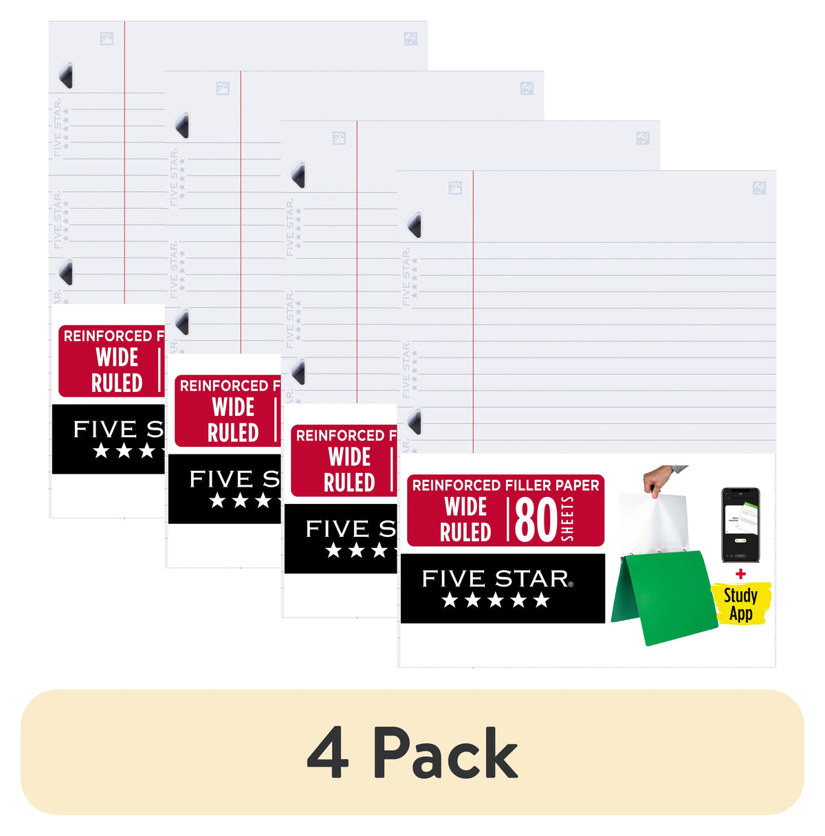 Five Star Reinforced Filler Paper Plus Study App, Wide Ruled, 8" x 10.5", 80 Sheets/Pack