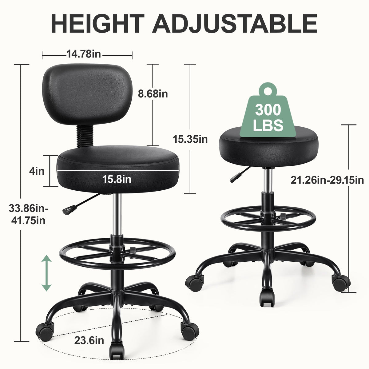 Primy Drafting Office Chair with Backrest - Adjustable Rolling Stool | Armless Office & Bar Height Chair | PU Leather with Thick Cushion | for Home, Office, Salon, Kitchen, Shop, Black