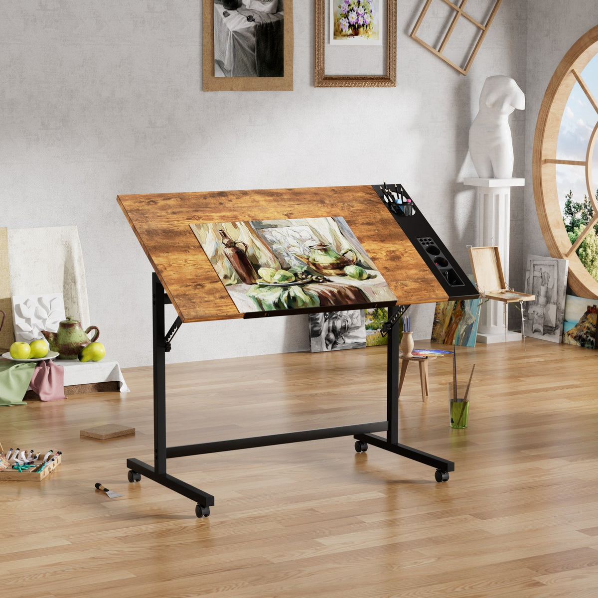 VECELO Drafting Table with Wheels, Adjustable Drawing Table Tiltable Painting Desk Workstation with Pencil Ledge for Artists, Brown