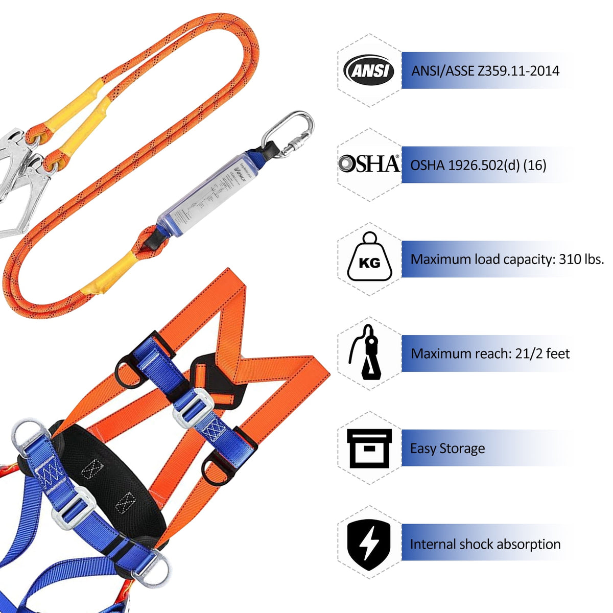 Vonlx Industrial Fall Protection Harness with Shock Absorbing Lanyard, Comfort Pad, and D-Ring, Blue, 1 Piece