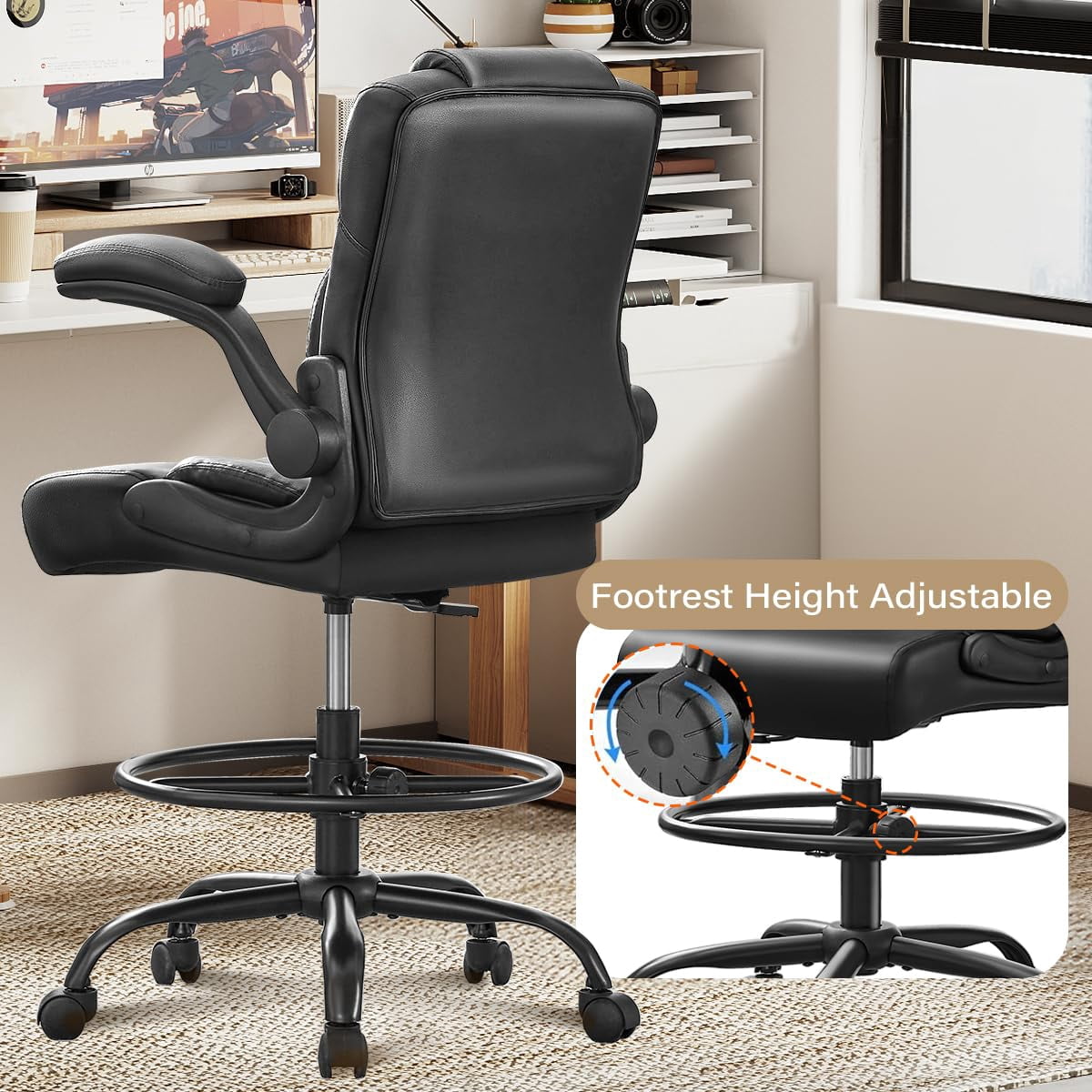 Fantasylab Tall Office Chair for Standing Desk, High Executive Leather Ergonomic Computer Chair with Adjustable Height and Flip-Up Armrest for Counter Height Desk, Black