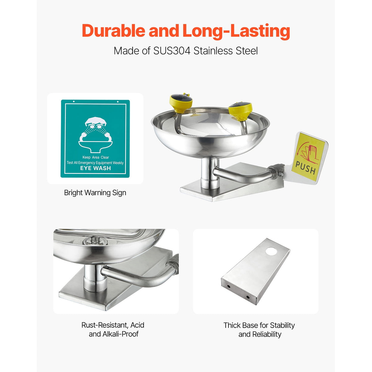 KFFKFF Emergency Eye Wash Station, Stainless Steel Wall-Mounted Eyewash Unit, First Aid Eye Wash Sink 16.14 x 12.99 x 9.45 Inches, Suitable for Laboratories, Factories, Schools, Construction Sites