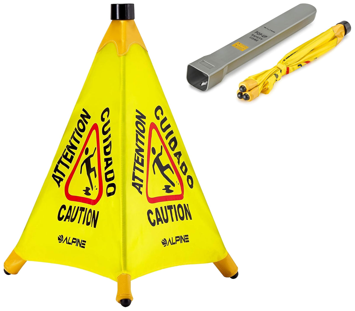 Alpine Caution Wet Floor Sign - Pop Up Slippery When Wet Sign, Wall Mounted Foldable Bilingual Yellow Safety Warning Cone For Commercial & Office Use (20 Inches)