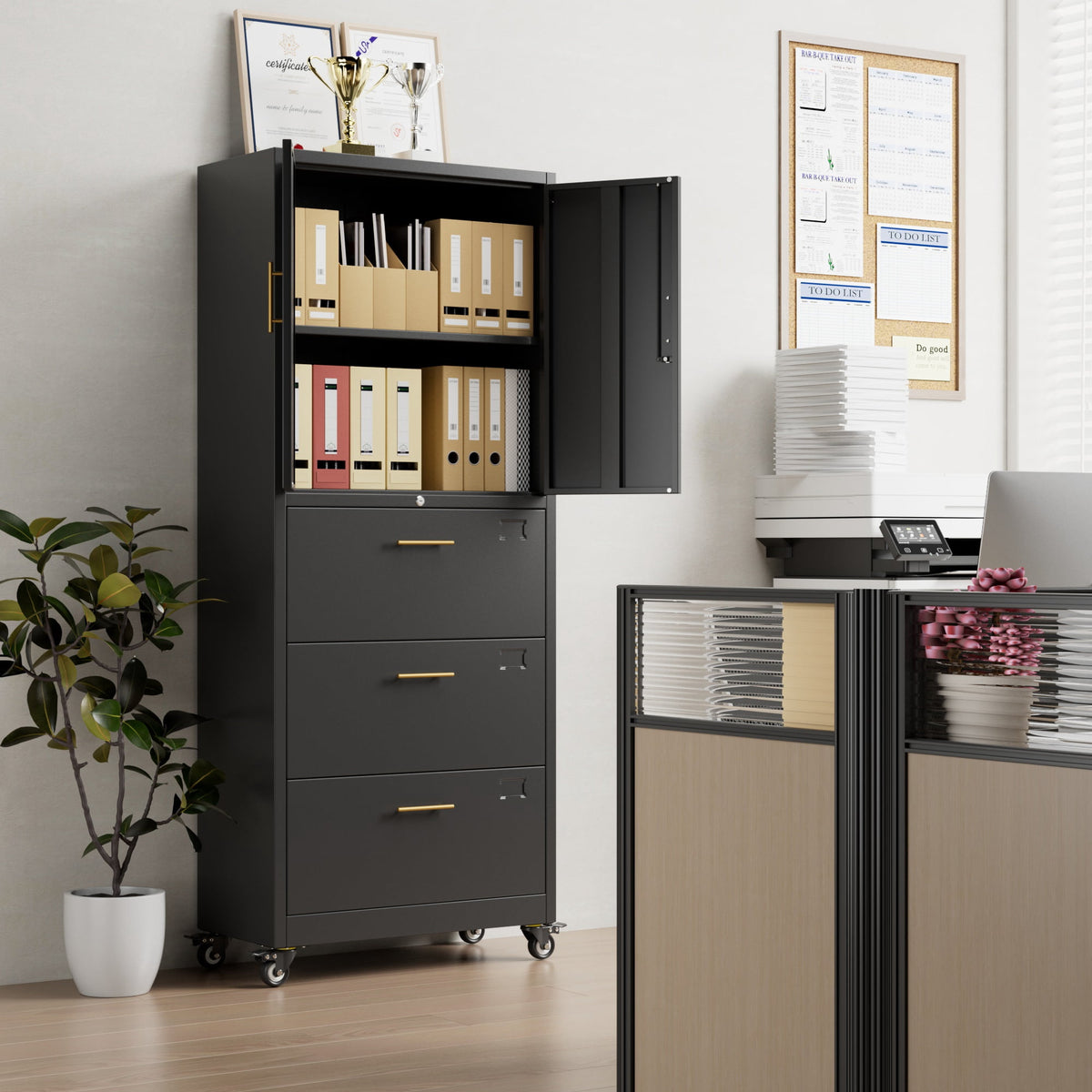 Aobabo 3 Drawer Metal Lateral File Cabinet with Wheels & Shelf , Wide Filing Cabinet with Lock for Office,Home,School,Garage,Fit A4/Letter/Legal File,Required-Assembly,Black