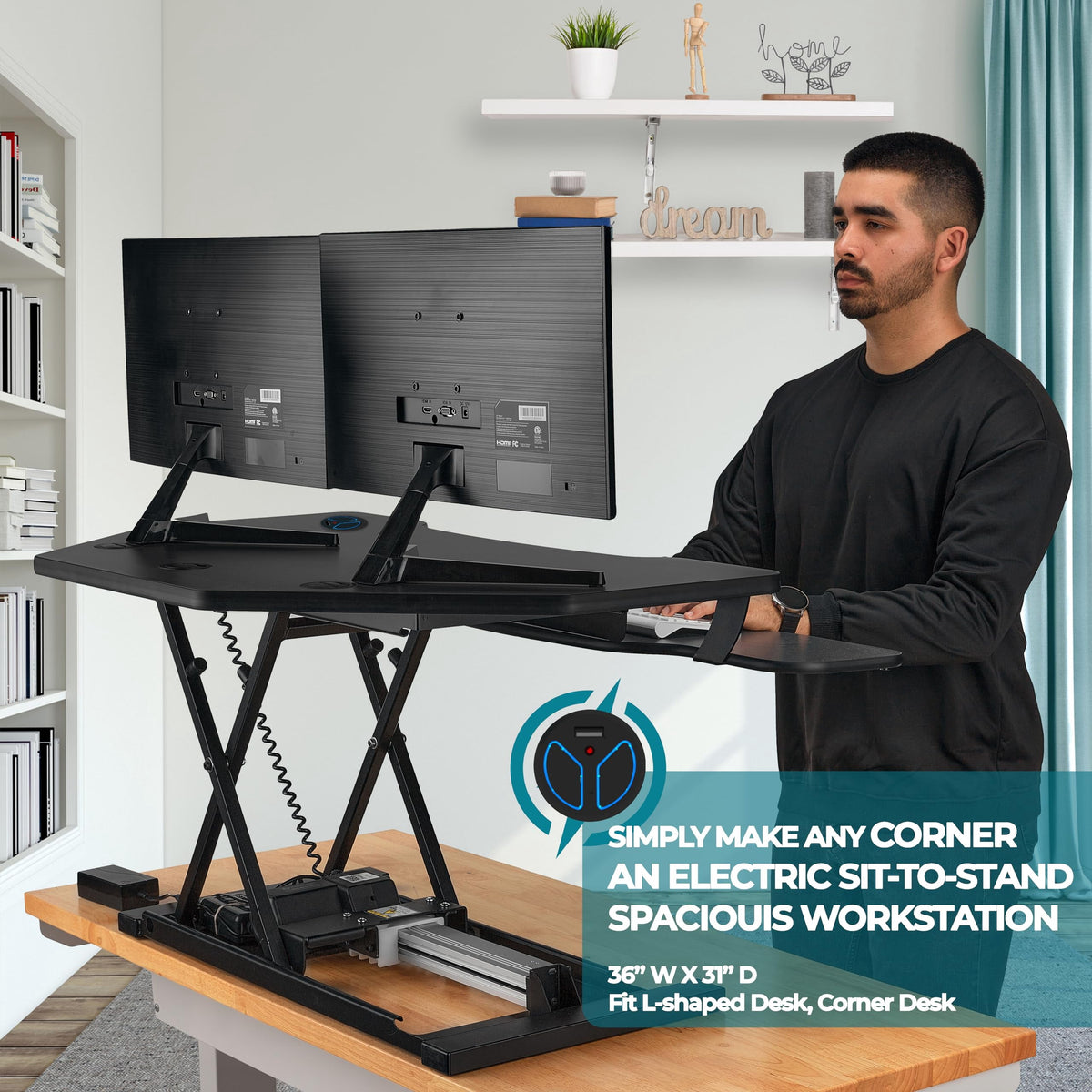 VersaDesk PowerPro Smart Corner Electric Standing Desk Converter - Steel & MDF, 2-Tier Sit-Stand, Programmable Height | Black, 36
