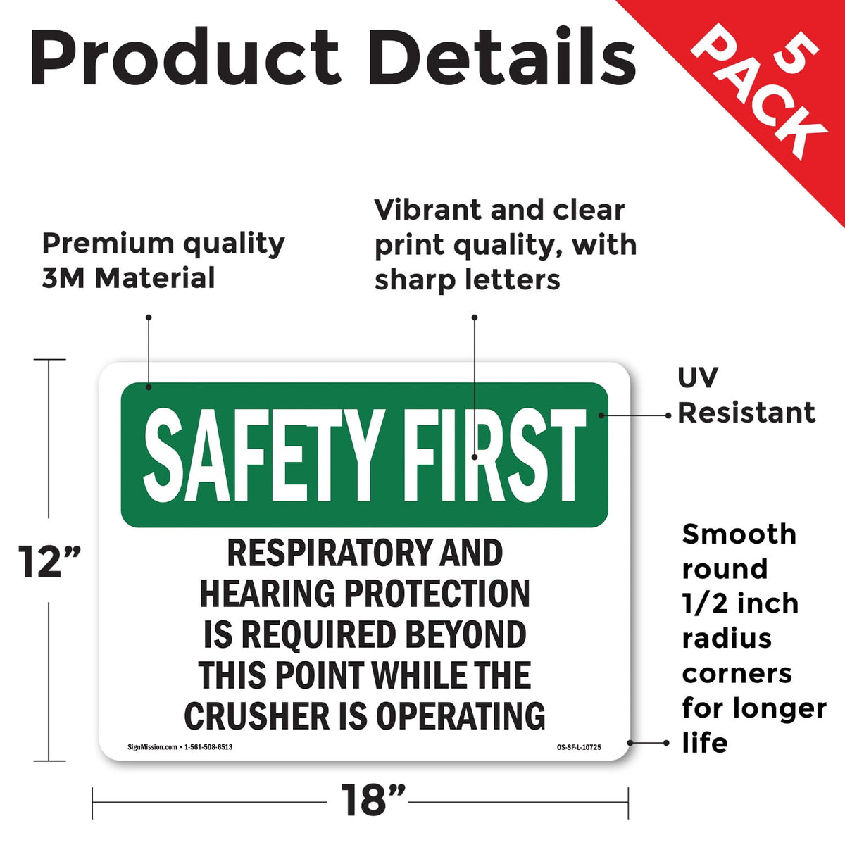 Respiratory And Hearing Protection Is Required OSHA SAFETY FIRST Vinyl Decal Label 18 Inch x 12 Inch - 5 Pack