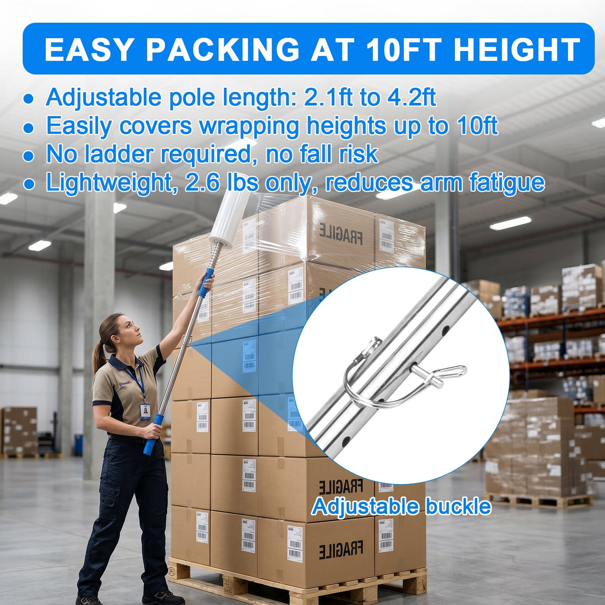Gamexcel Stretch Wrap Dispenser with 50 in Long Handle, Pallet Wrap Film Holder for 6-20 in Rolls and 2-3 in Cores, No-Bend Stretch Film Pole, Blue