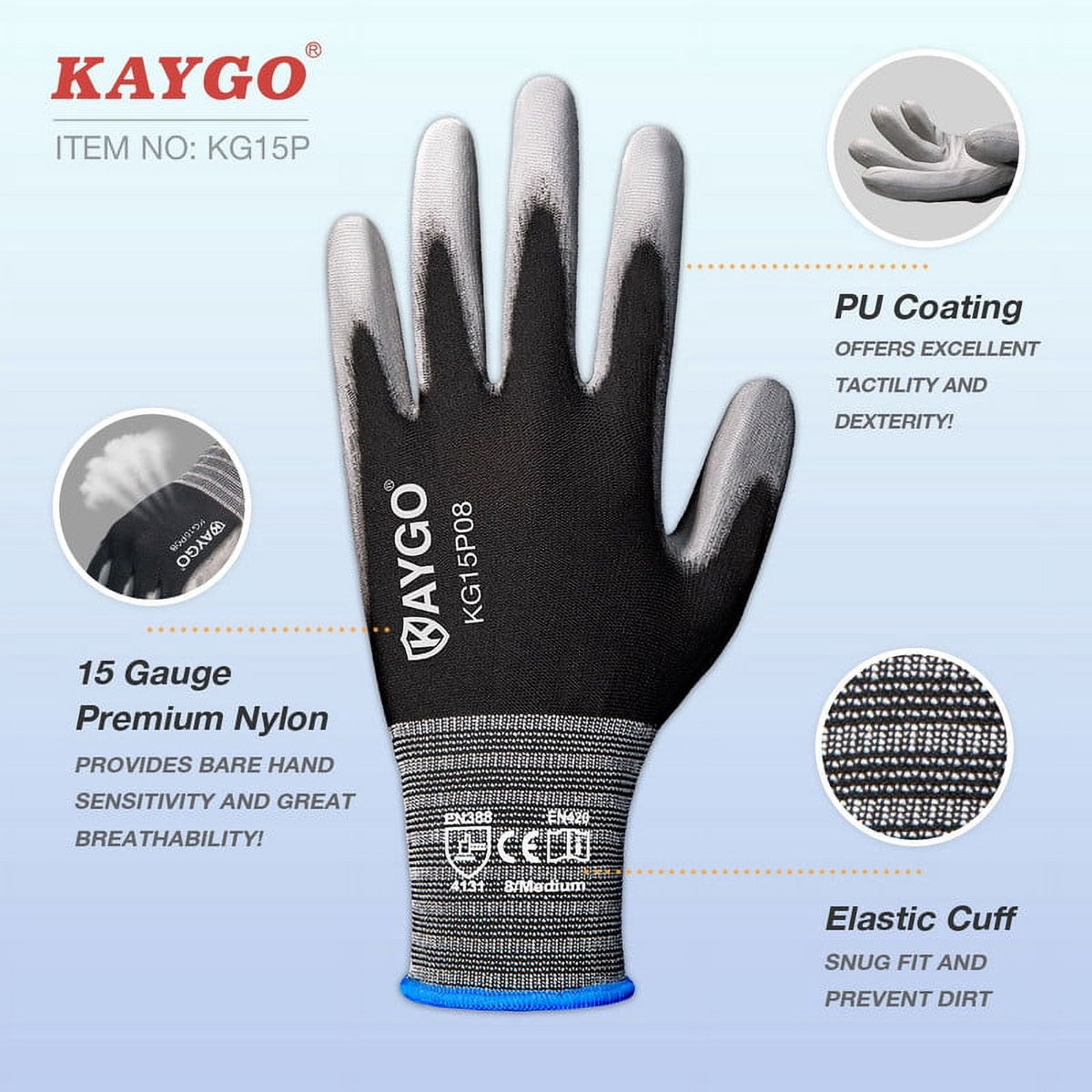 KAYGO Work Gloves PU Coated 12 Pairs, KG15P, Safety Work Gloves Nylon Liner for DIY, Assembly, Warehouse, Light Duty Work