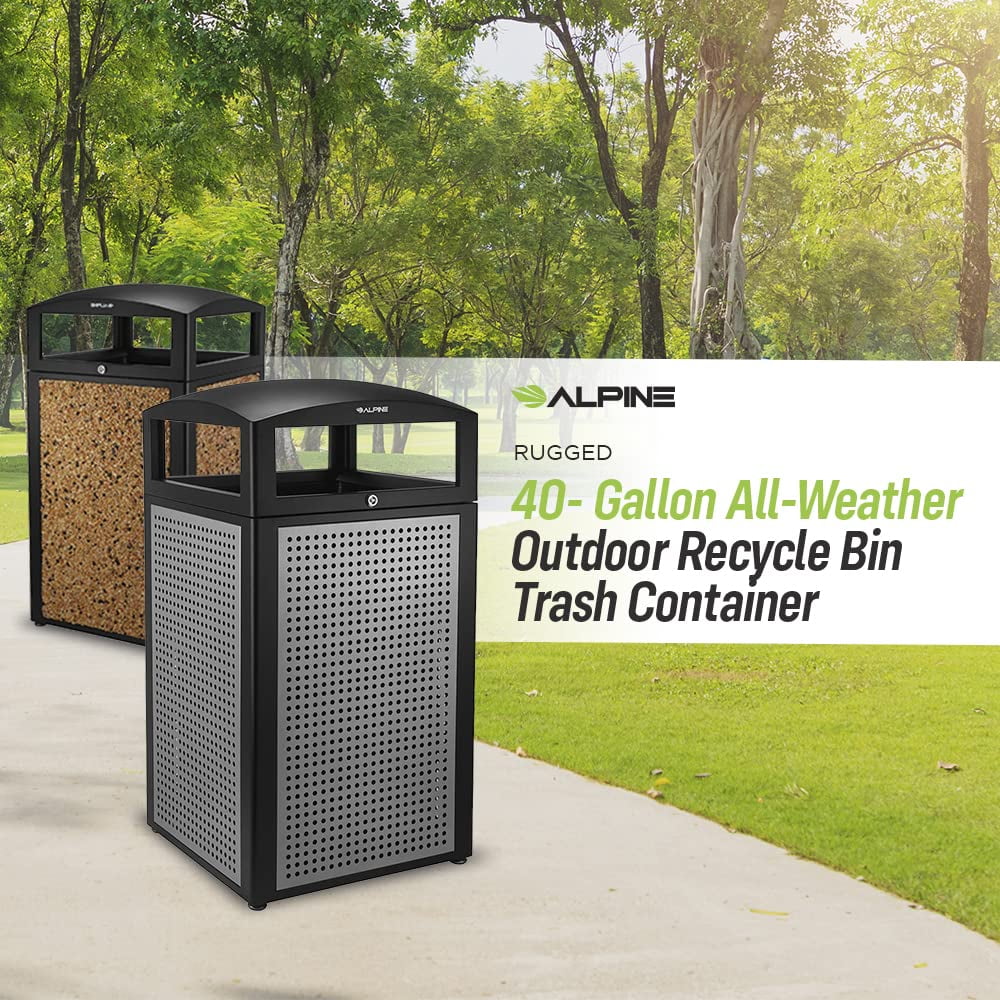 Alpine Indoor & Outdoor Commercial Trash Can with Lid - 40 Gallon Heavy Duty Metal Garbage Can with Removable Bin, Locking Lid, Perfect for Patio, Deck, Office, Mall Black, Brown Stone Panels