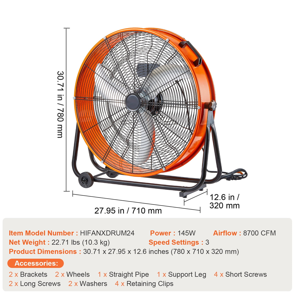 KFFKFF Barrel Fan, 24 Inch Powerful Industrial Circulation Fan, Robust Commercial Application 3-Speed 8600CFM, 360°Flexible Adjustment Industrial Ground Fan for Warehouse, Workshop, Factory, Basement