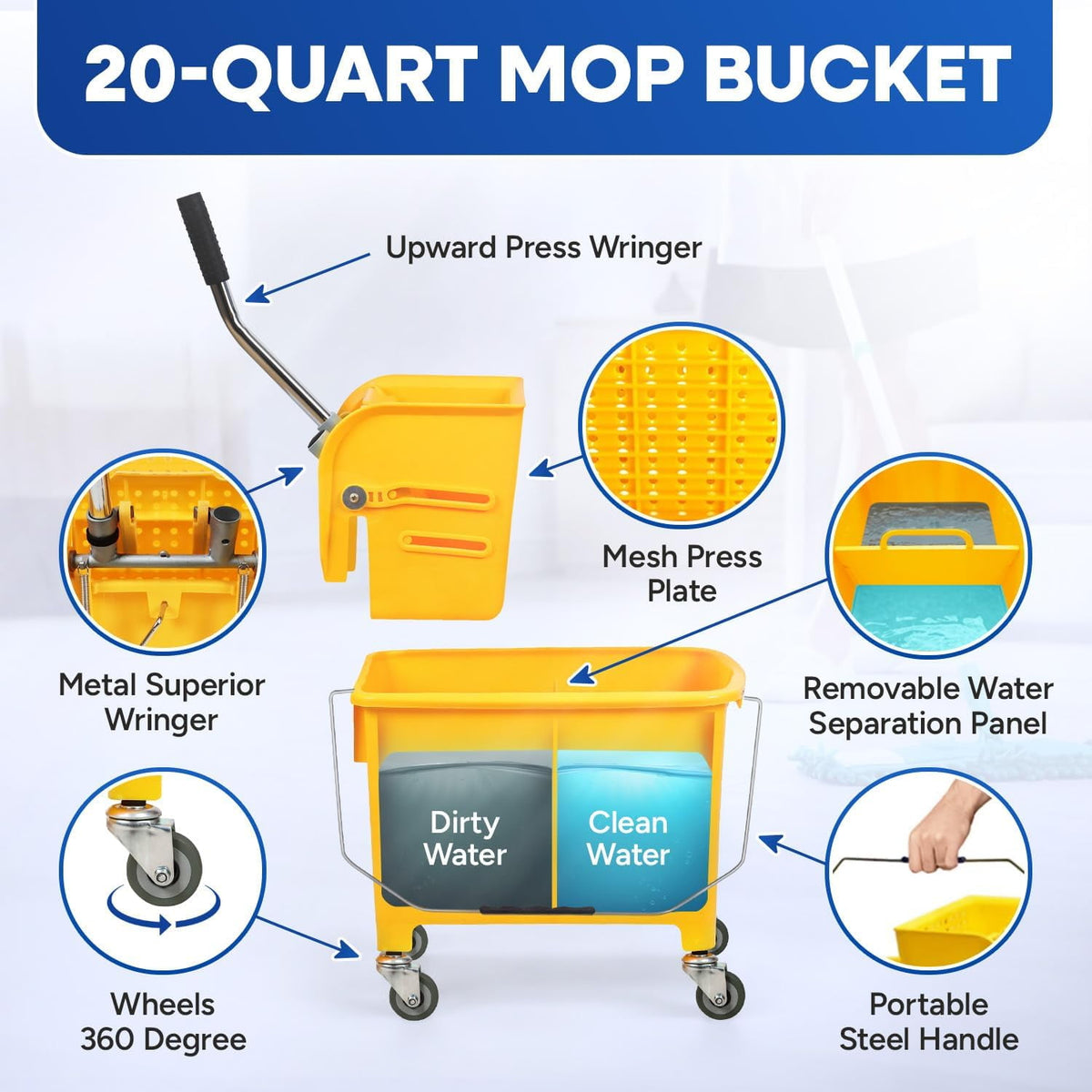 Commercial Mop Bucket with Wringer on Wheels, Heavy Duty Dual Chamber Industrial Mop Bucket Separate Dirty Water, Perfect for Business Household, Small 20 Quart Yellow