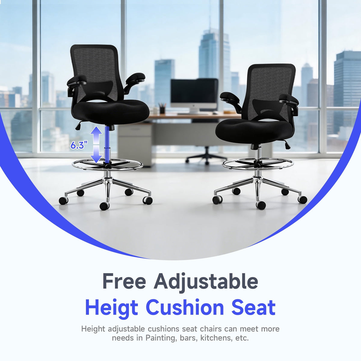 JONPONY 500lbs Big and Tall Office Chair with W-Shape Thicken Cushion, Ergonomic Office Chair with Flip-up Armrests, Breathable High Back Office Chair, Extra Wide Seat, Padded Armrests, Black