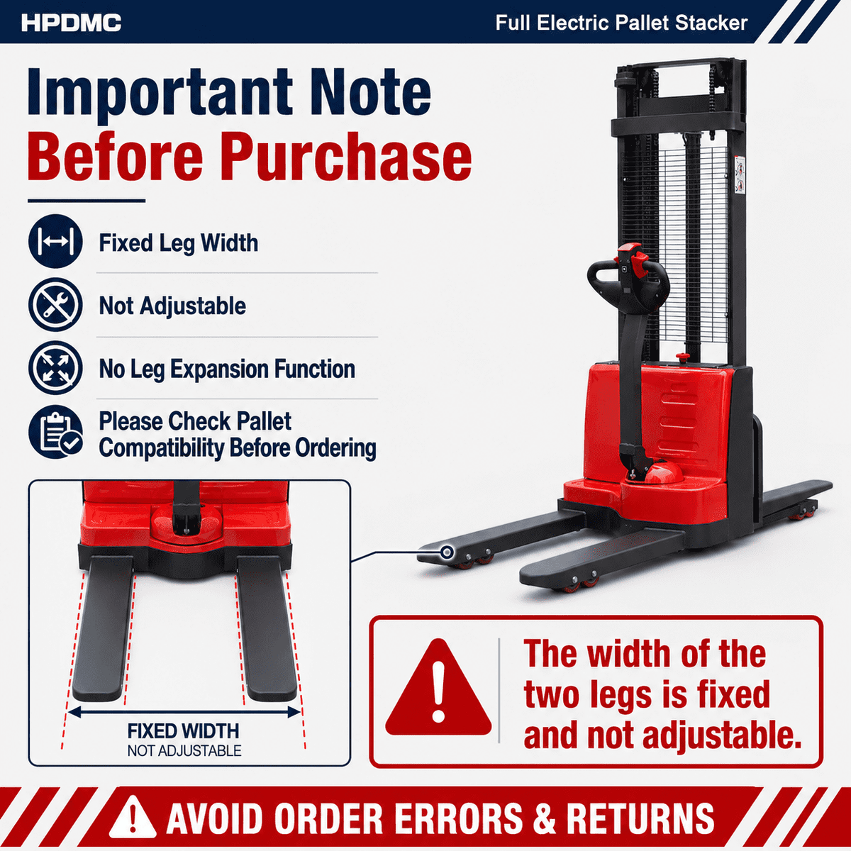 HPDMC Full Electric Pallet Stacker 3300 lbs, Electric Walkie Stacker with 24V/85Ah Battery, 45" Forks, 118" Fork Lift Height, Built-in Charger and Smart Handle for Warehouse