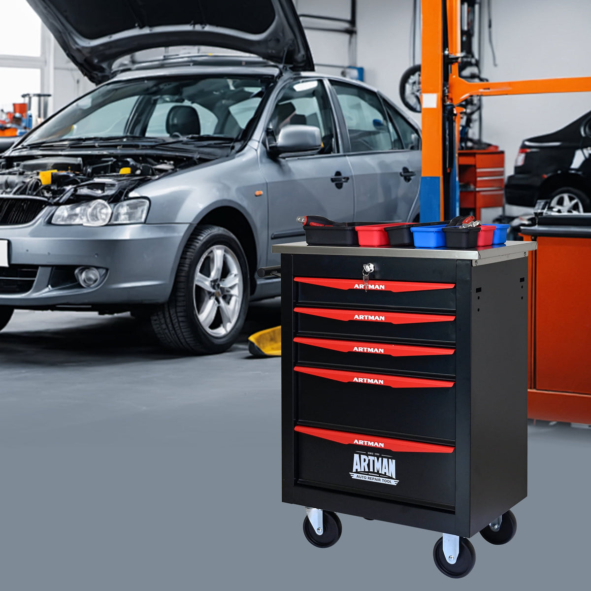 ARTMAN 5 Drawers Steel Storage Rolling Tool Chest Cabinet Cart with Wheels and Stainless Steel Roof