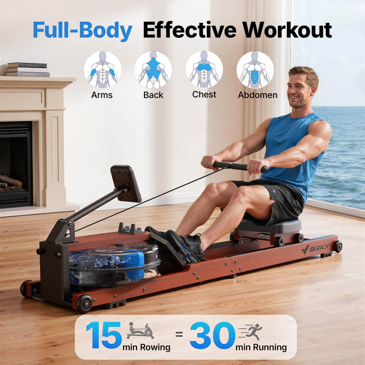 MERACH Water Rowing Machines for Home, Foldable Row Machine with 400LBS Weight Capacity, Dedicated Monitor and Comfortable Seat, Free MERACH App for Immersive Water Rower