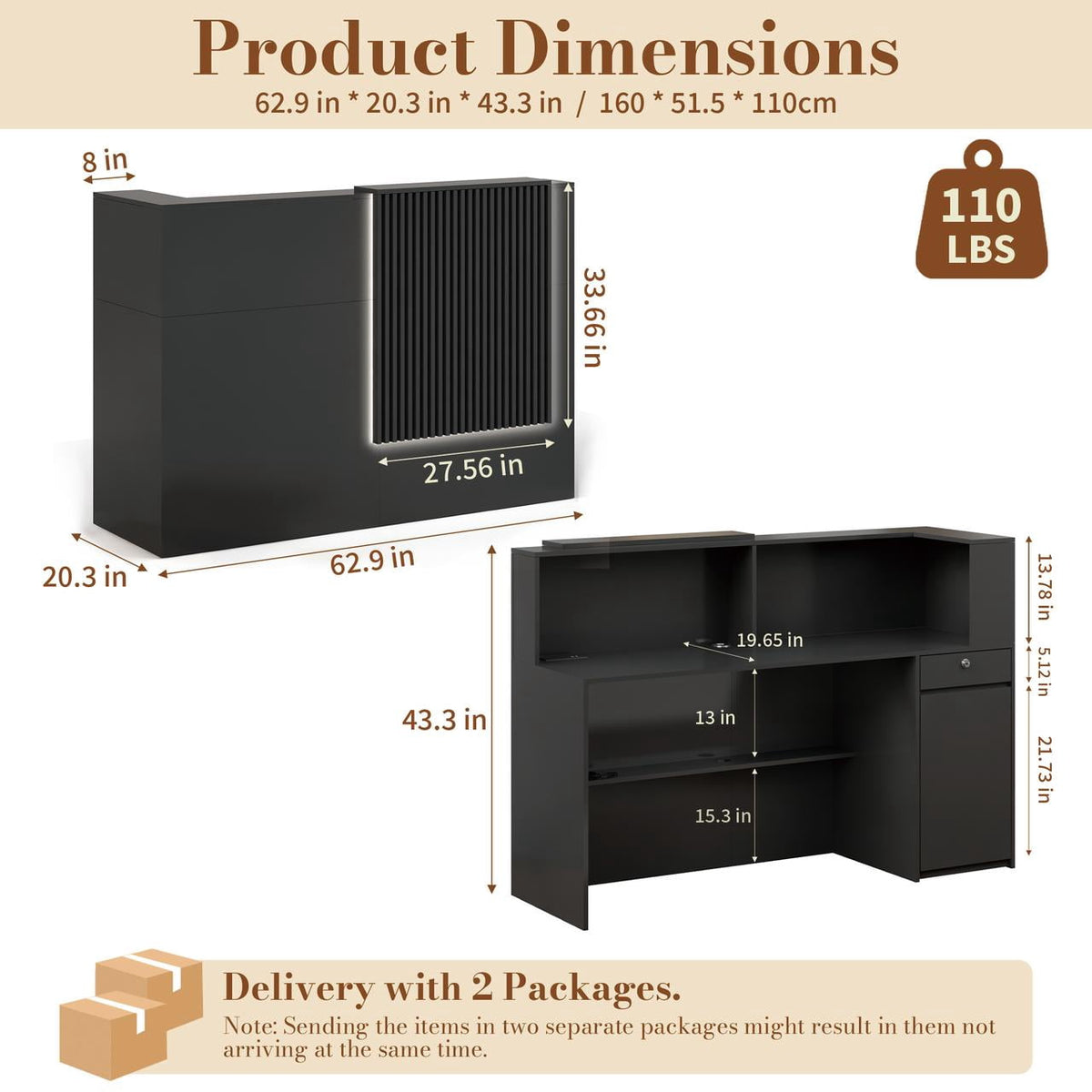 63" Modern Reception Desk with Wooden Grille Front Design, Built-in Power Outlets and Lockable Drawers for Salon, Office, Lobby or Retail Store, Black