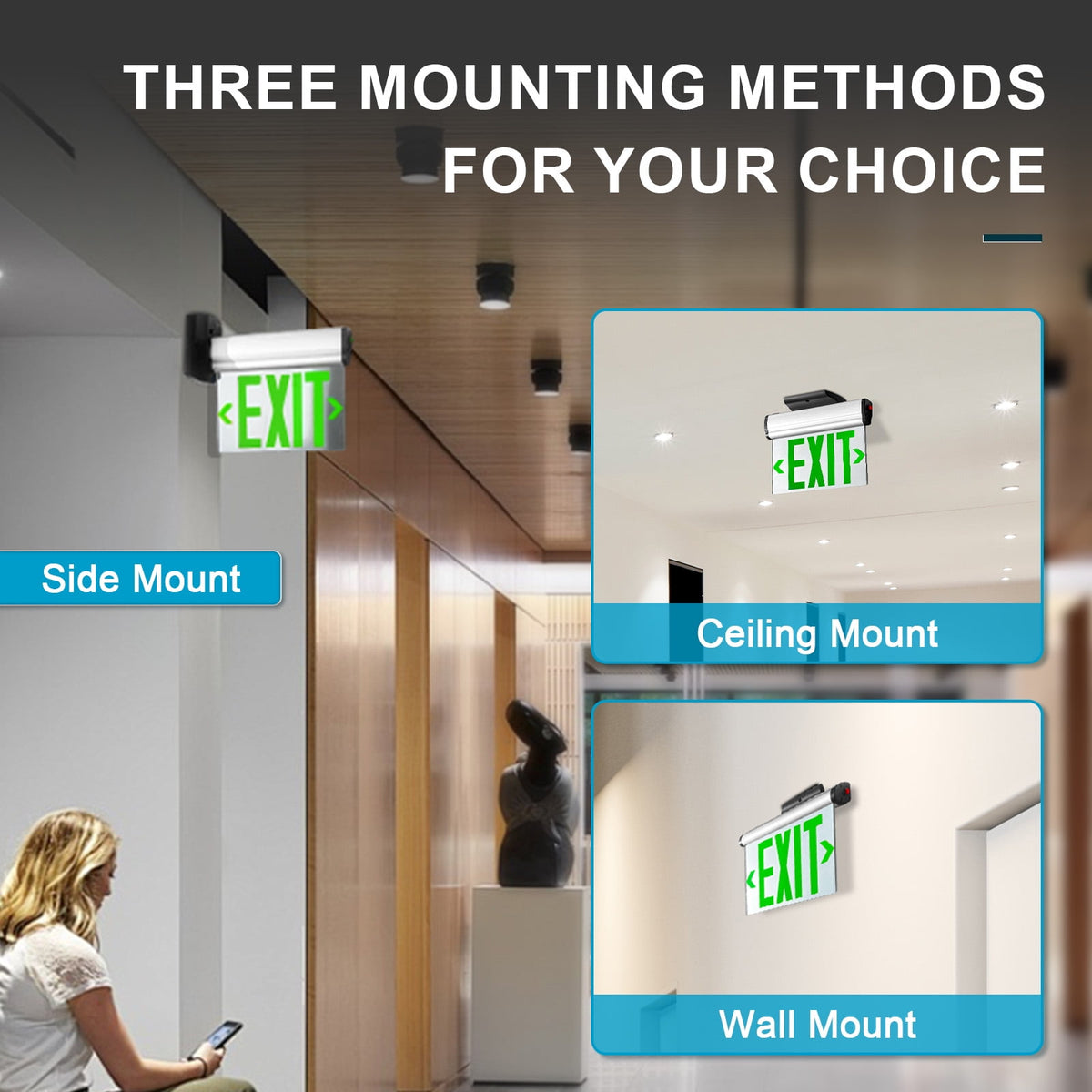 MW Lighting Green Hardwired LED Fire Exit Sign, Double Sided Aluminum & Acrylic Panel, UL Damp Rated, Top/Side/Wall Mount Canopy, Indoor Outdoor Commercial Dead End Entry Light