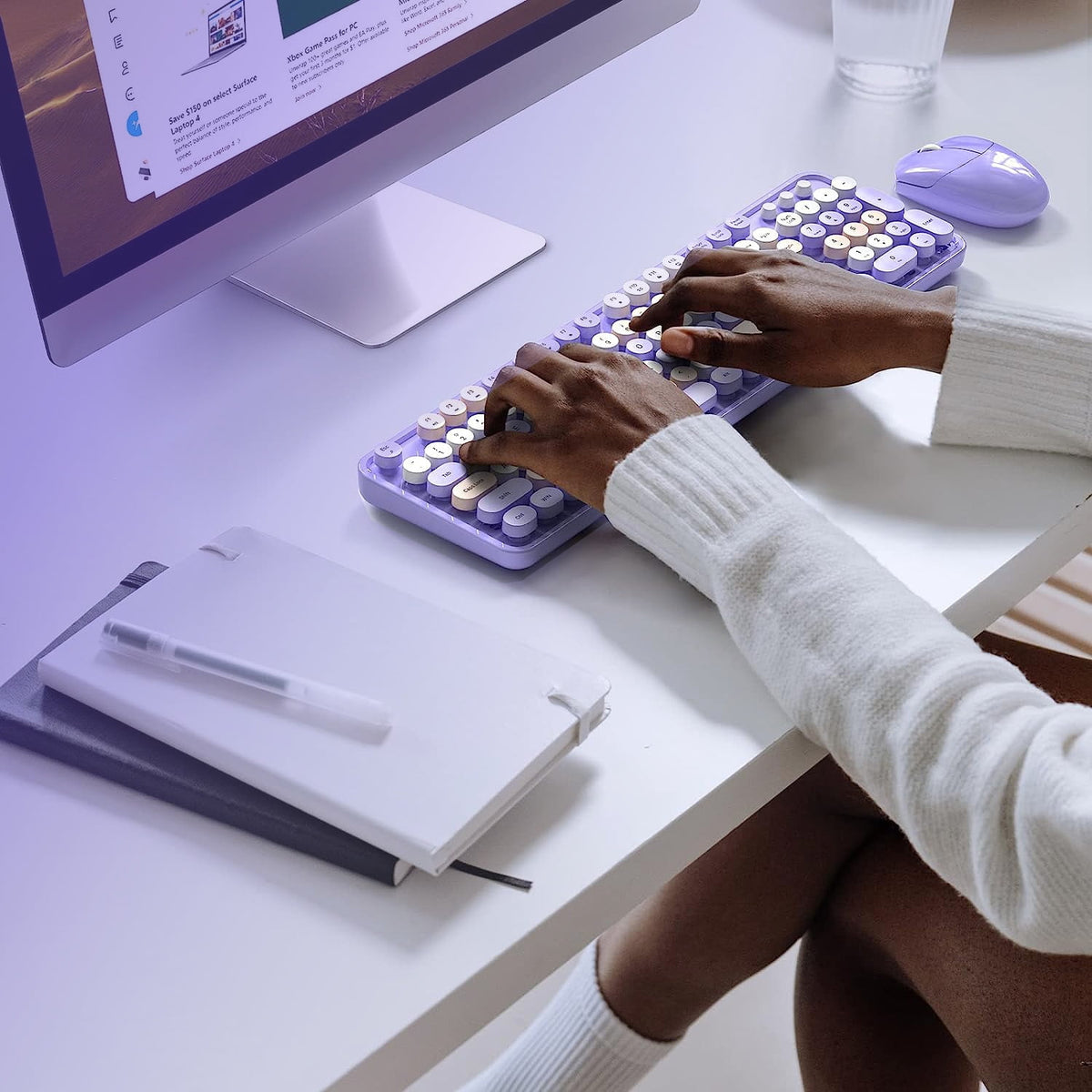 MOFII Wireless Keyboard and Mouse Combo 2.4GHz Retro Full-Size Keyboard with Number Pad and Cute Wireless Mouse for PC Desktop Laptop (Purple)