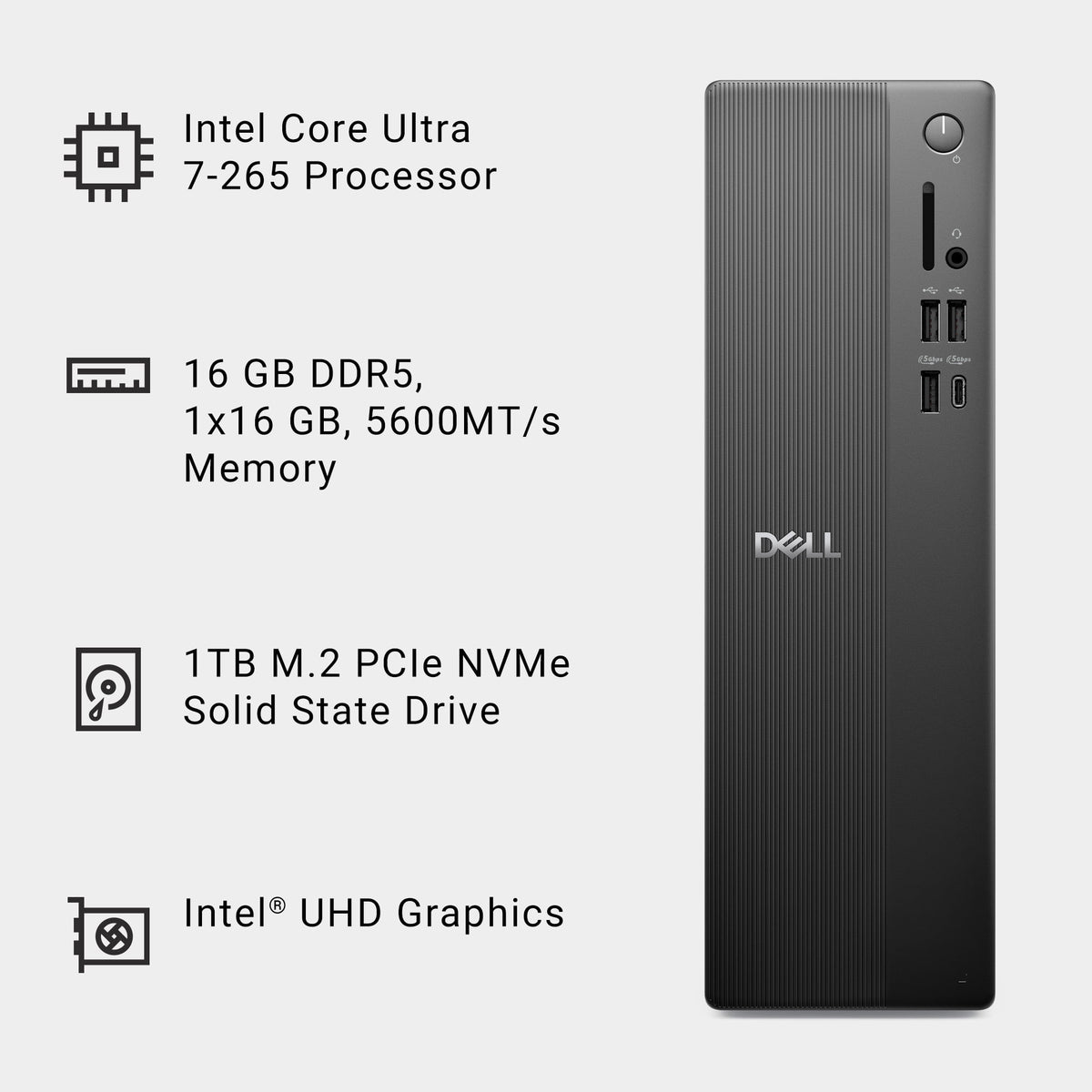 Dell Slim Desktop ECS1250 - Intel Core Ultra 7-265 Processor, Intel UHD Graphics, 16GB DDR5 5600MT/s Memory, 512GB M.2 SSD