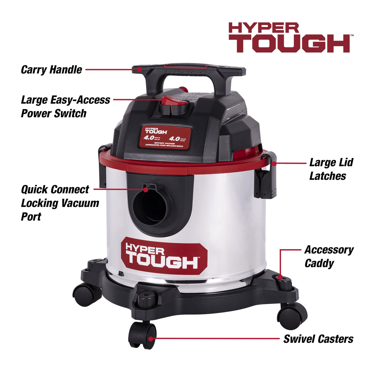 Hyper Tough 4 Gallon 4 HP Stainless Steel Wet Dry Vacuum for Home, Car, Garage & Workshop