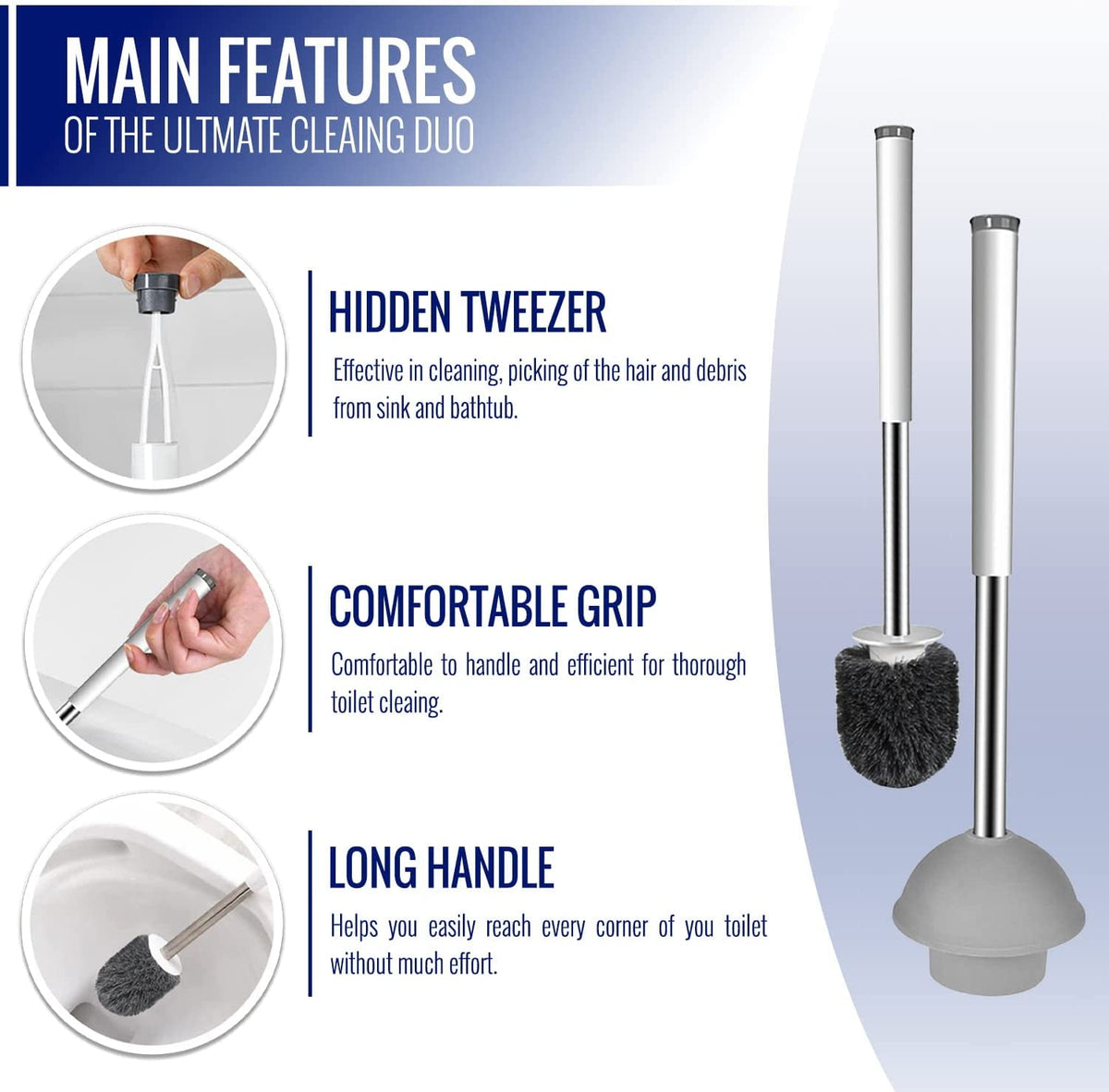 True Fresh 2 in 1 Toilet Brush and Plunger Set Stainless Steel - Toilet Plunger and Toilet Brush and Caddy Holder