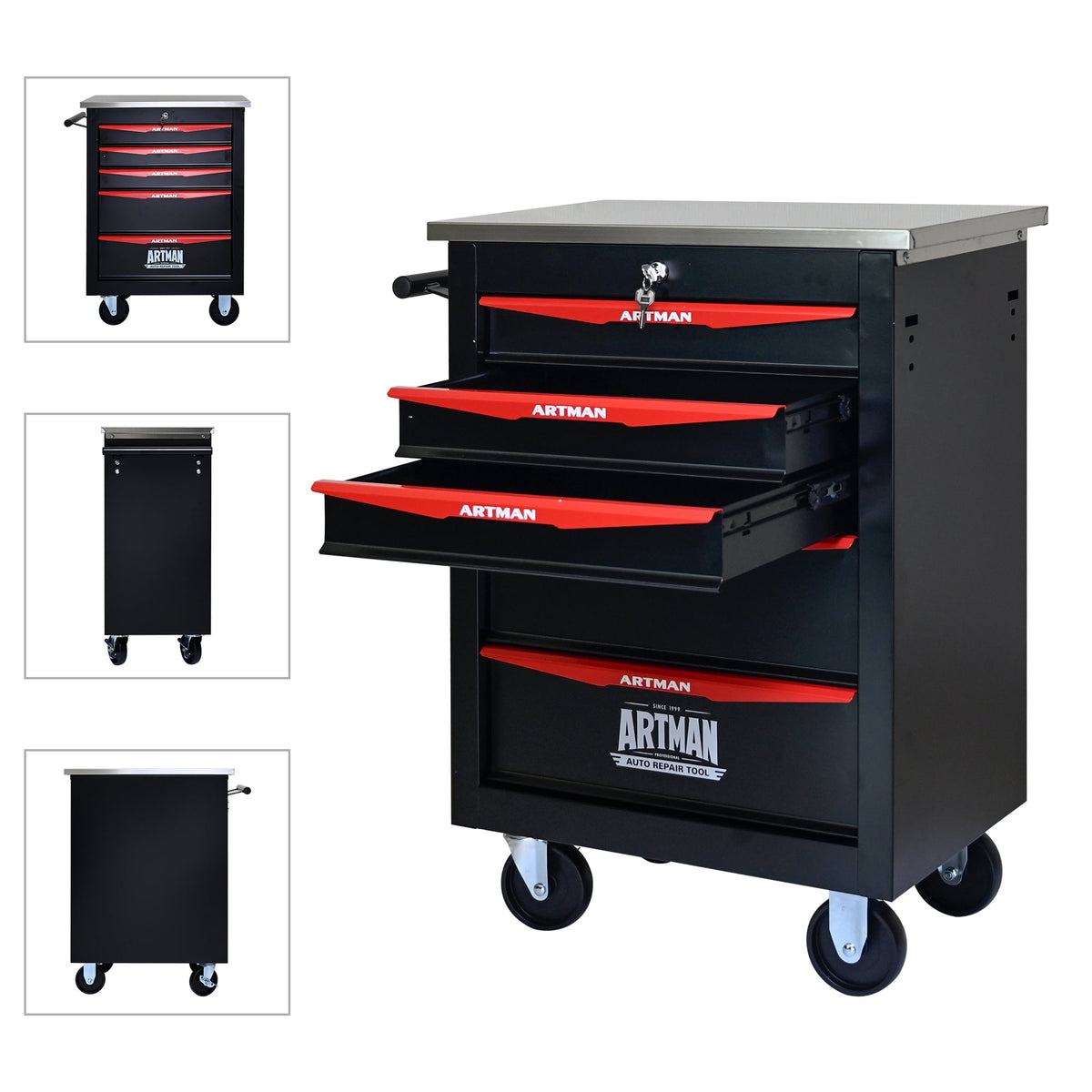 ARTMAN 5 Drawers Steel Storage Rolling Tool Chest Cabinet Cart with Wheels and Stainless Steel Roof