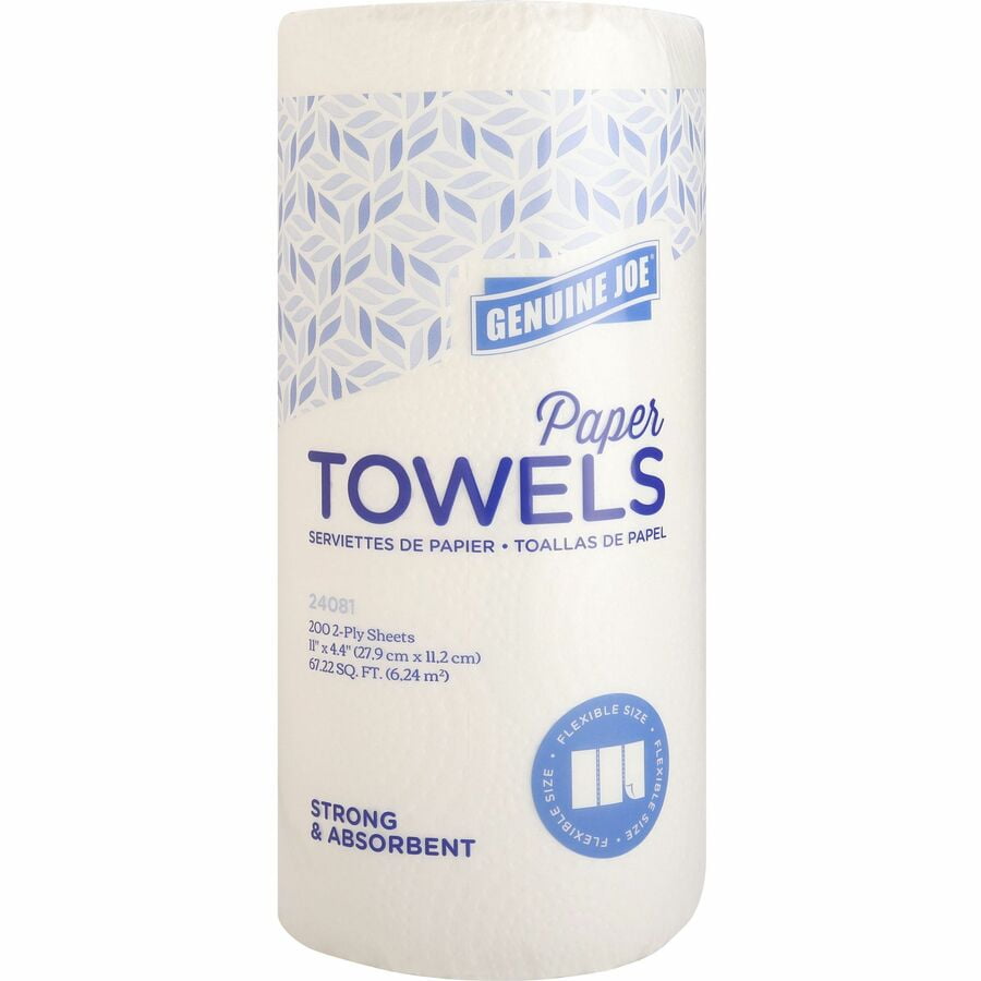 Genuine Joe 2-Ply Household Roll Paper Towels - 4.40 x 11 Inches - 200 Sheets Per Roll - White - Perforated for Kitchen, Multipurpose - 24 Rolls Per Carton
