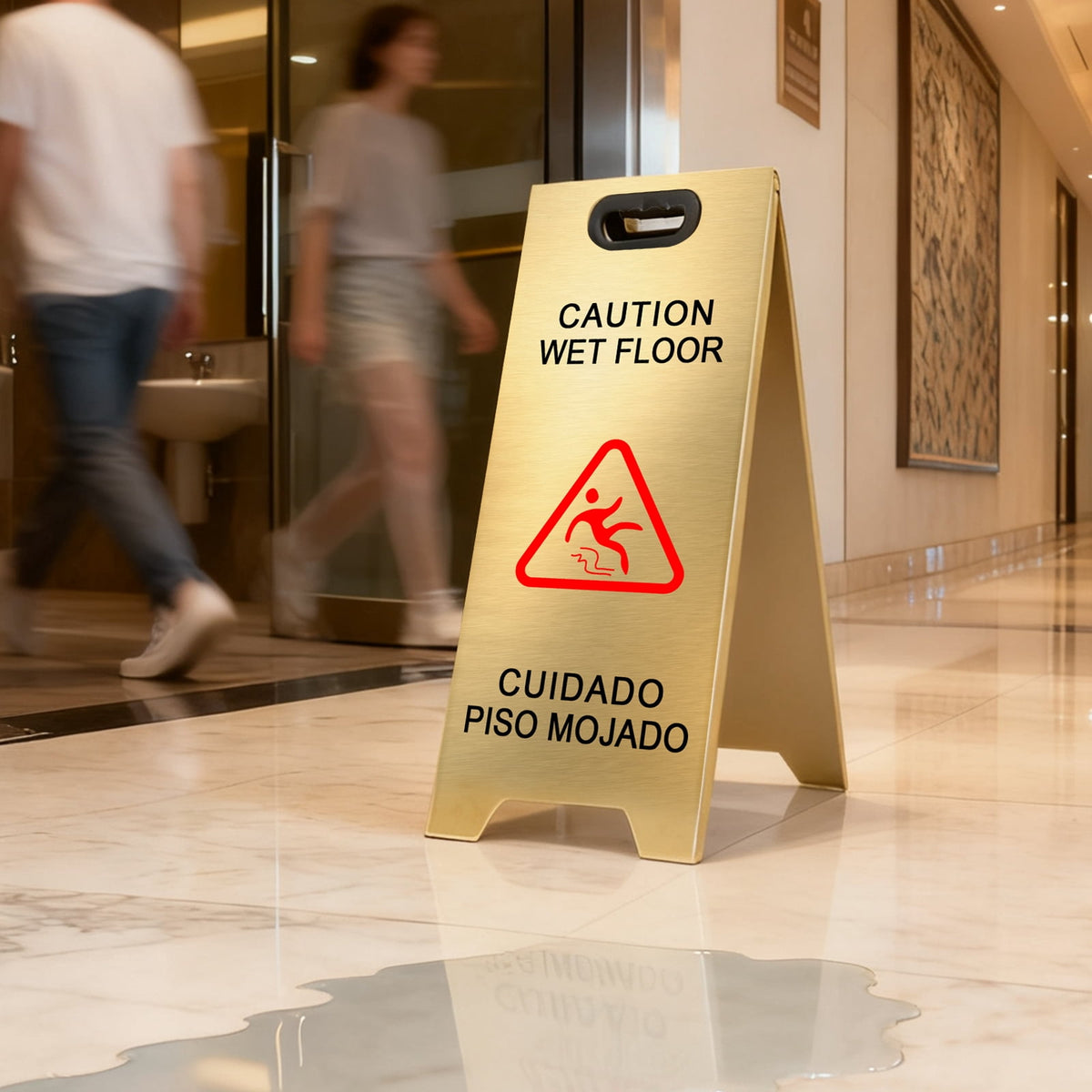 2 Pack Stainless Steel Wet Floor Sign, 24 Inch Caution Sign Portable Foldable Bilingual Safety Warning for Hotel Market Restroom Restaurant Office (Gold)
