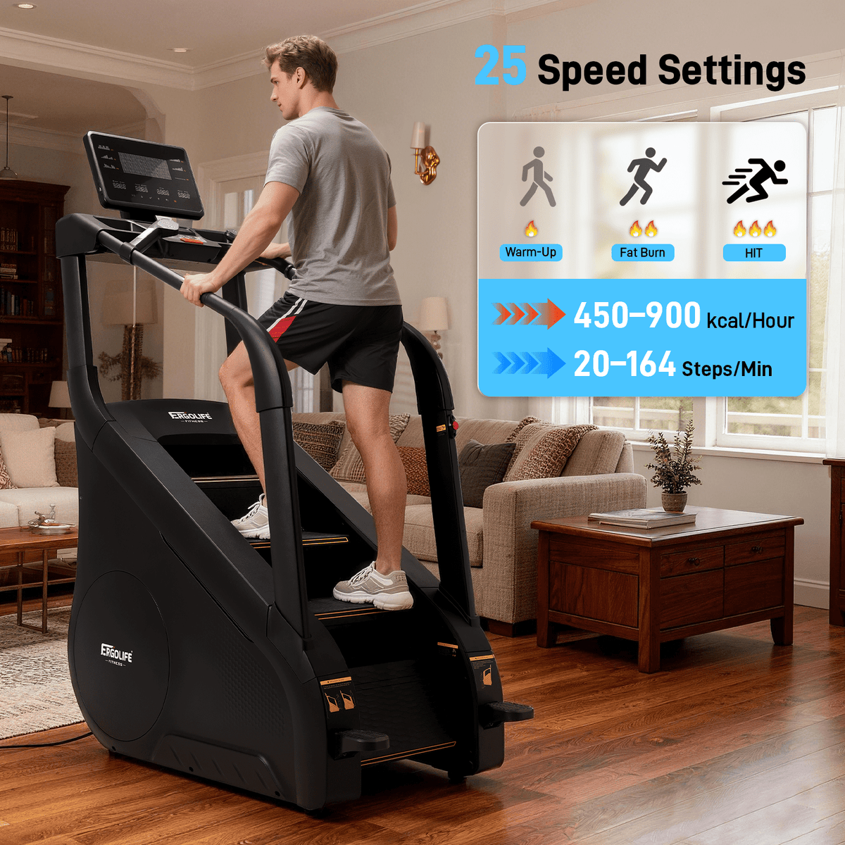 ERGOLIFE Stair Stepper Machine for Home Gym, Stair Climber with 25 Resistance Levels, 660 lbs Capacity, 7-Level Safety System, Natural Floating Step, Quiet Cardio Workout Machine with LED Touchscreen